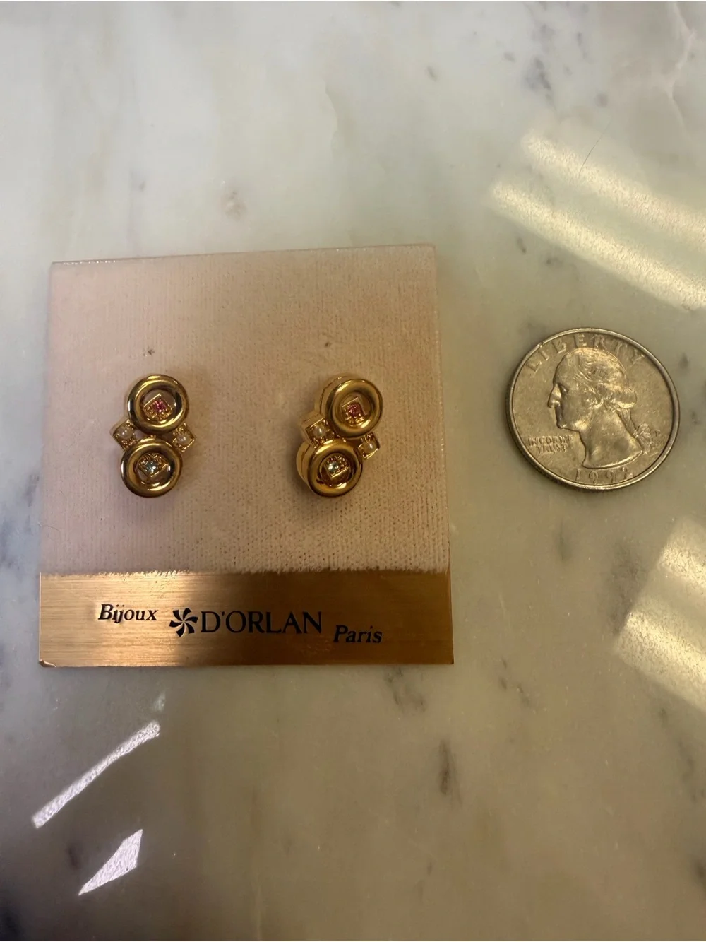 D'Orlan Gold-Plated Double Circle Stud Earrings with Pink & Blue Stones